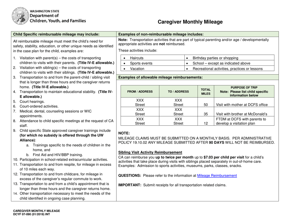 DCYF Form 07-090 Caregiver Monthly Mileage - Washington, Page 1