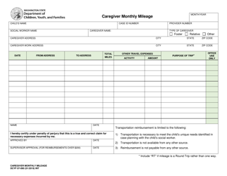 DCYF Form 07-090 Caregiver Monthly Mileage - Washington, Page 2