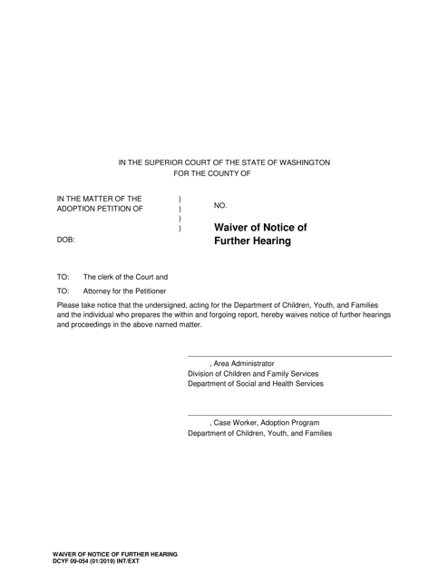 DCYF Form 09-054 Waiver of Notice of Further Hearing - Washington