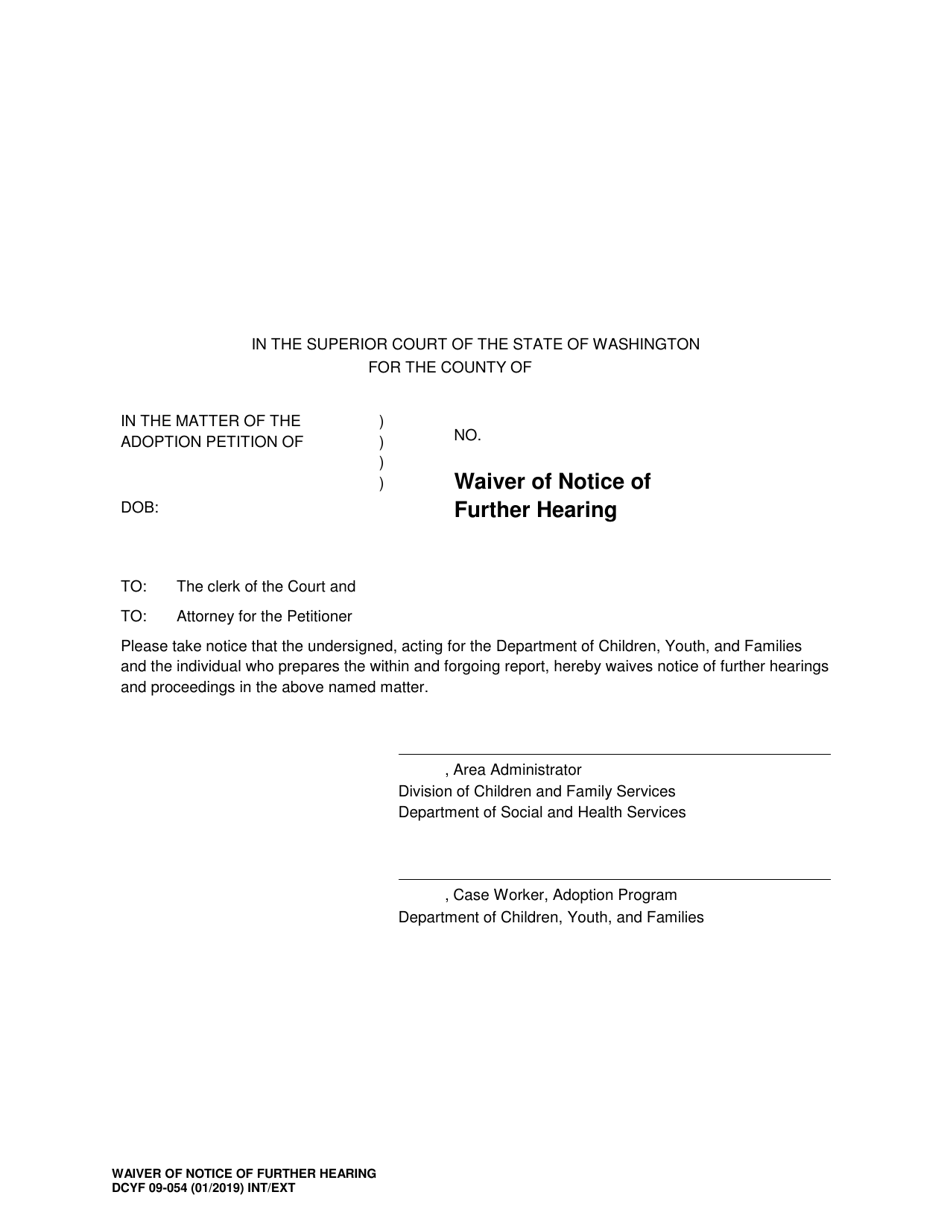 DCYF Form 09-054 Waiver of Notice of Further Hearing - Washington, Page 1