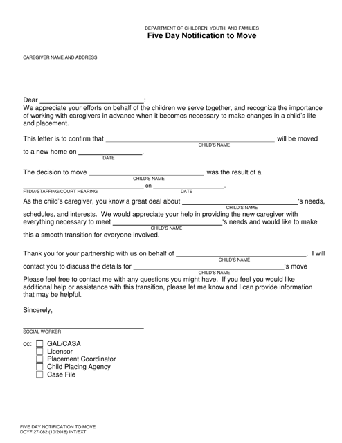 DCYF Form 27-082 Five Day Notification to Move - Washington