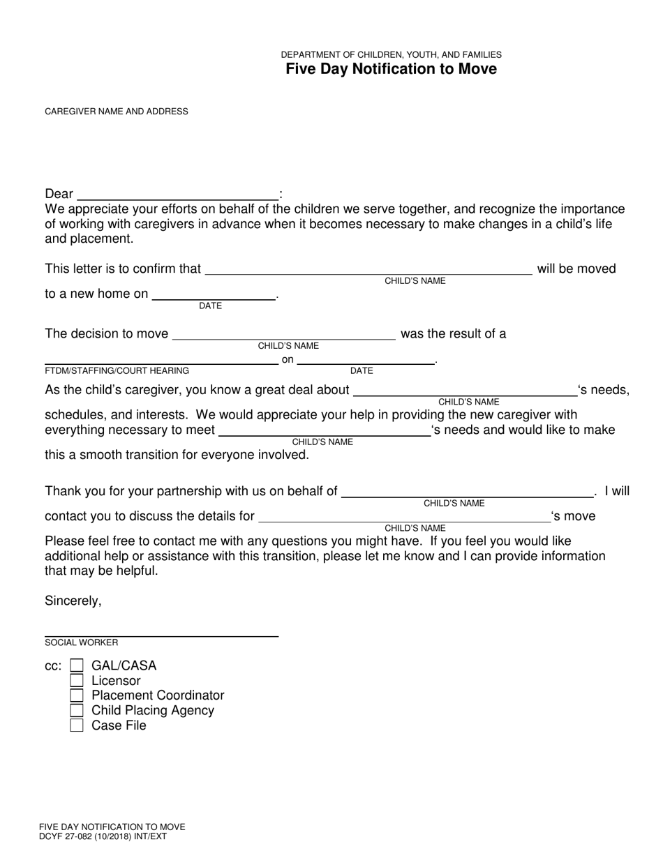 DCYF Form 27-082 Five Day Notification to Move - Washington, Page 1