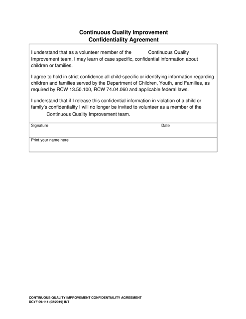 DCYF Form 09-111 Continuous Quality Improvement Confidentiality Agreement - Washington