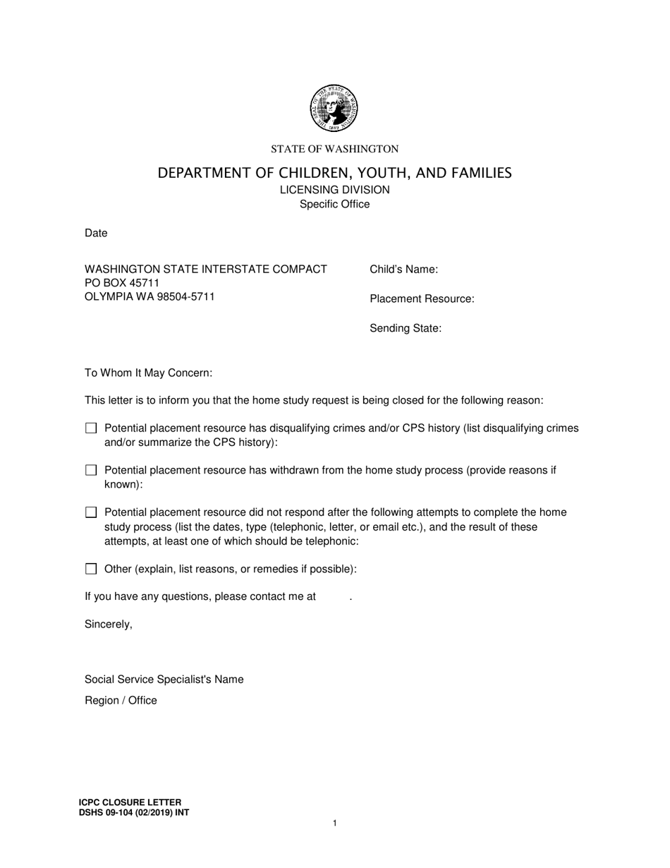 DSHS Form 09-104 Icpc Closure Letter - Washington, Page 1