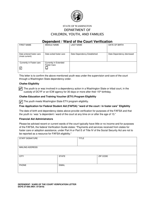 Form DCFS27-056 Dependent/Ward of the Court Verification - Washington