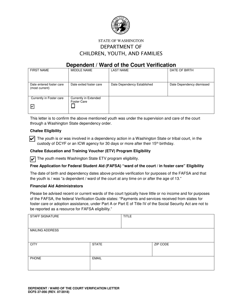Form DCFS27-056 Dependent / Ward of the Court Verification - Washington, Page 1