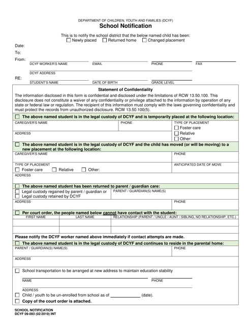 DCYF Form 09-093  Printable Pdf