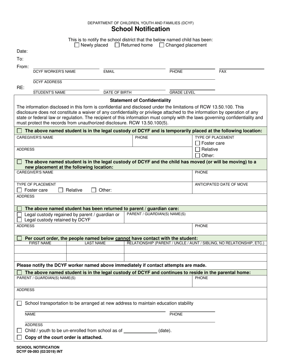 DCYF Form 09-093 School Notification - Washington, Page 1