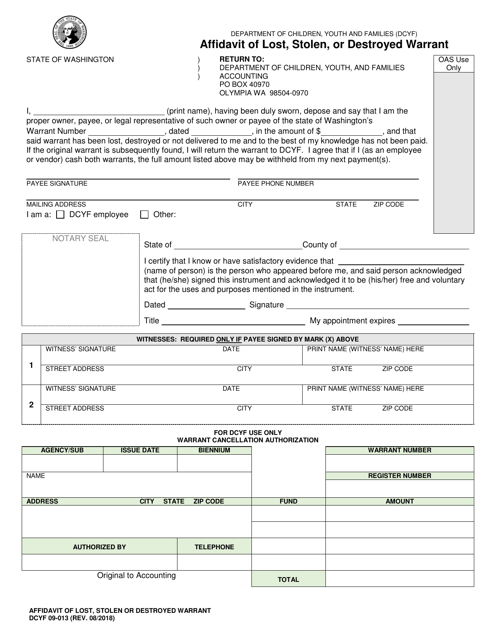DCYF Form 09-013 Affidavit of Lost, Stolen, or Destroyed Warrant - Washington