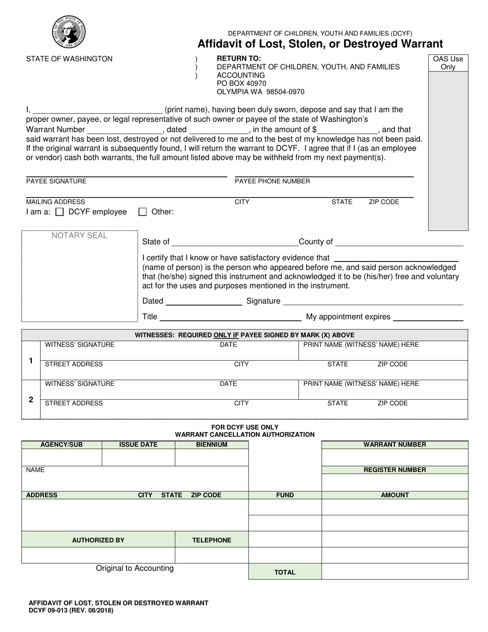 DCYF Form 09-013 Affidavit of Lost, Stolen, or Destroyed Warrant - Washington, Page 1