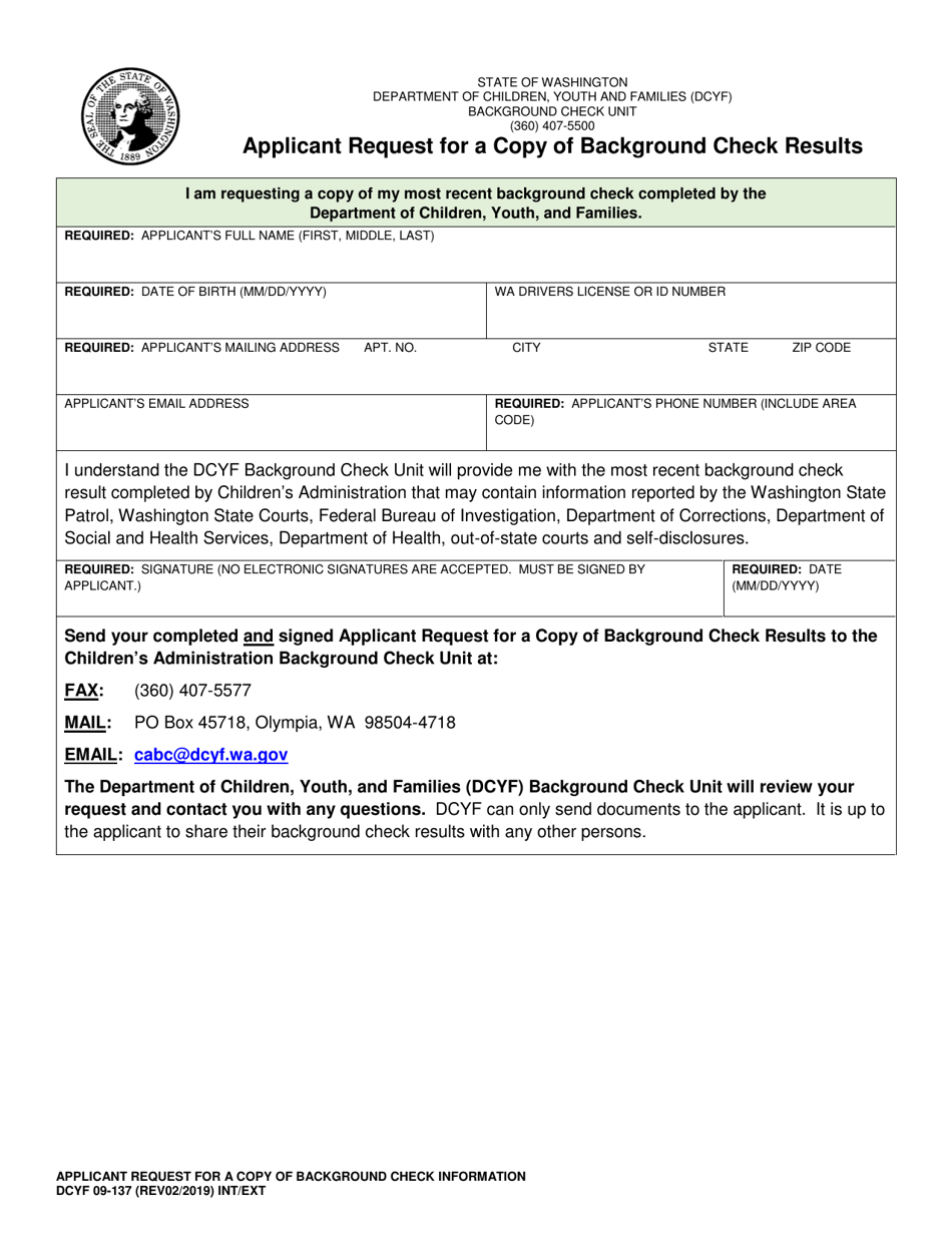 DCYF Form 09-137 Applicant Request for a Copy of Background Check Results - Washington, Page 1
