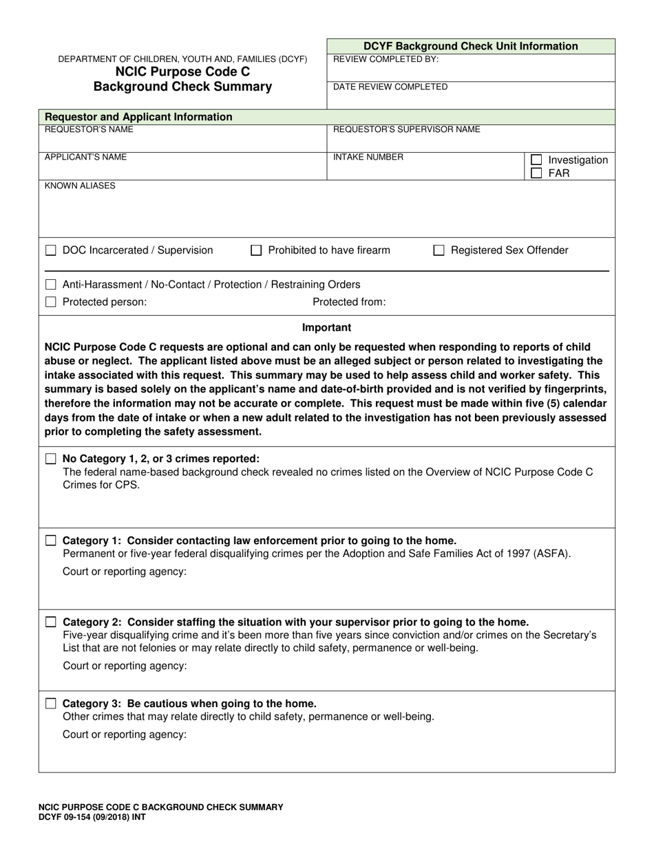 DCYF Form 09-154 Ncic Purpose Code C Background Check Summary - Washington, Page 1