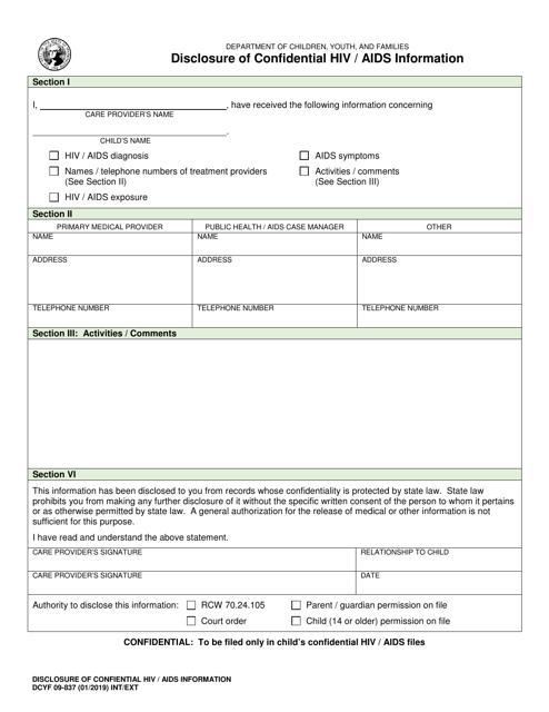 DCYF Form 09-837 Disclosure of Confidential HIV/AIDS Information - Washington