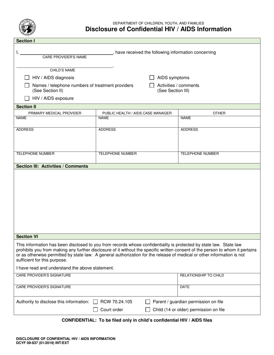 DCYF Form 09-837 Disclosure of Confidential HIV / AIDS Information - Washington, Page 1