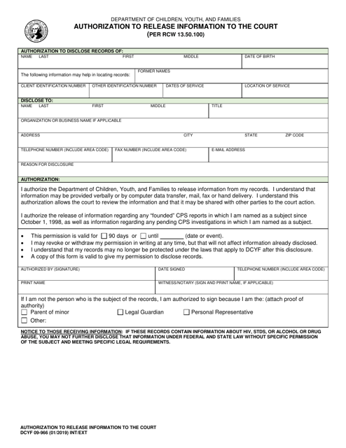 DCYF Form 09-966 Authorization to Release Information to the Court - Washington