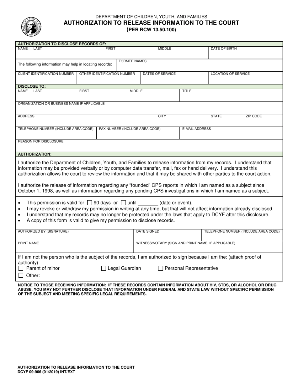 DCYF Form 09-966 Authorization to Release Information to the Court - Washington, Page 1