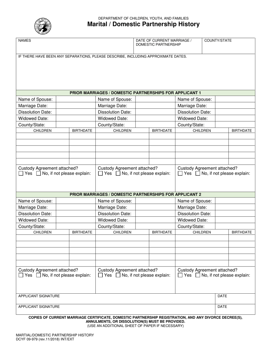 DCYF Form 09-979 Marital / Domestic Partnership History - Washington, Page 1