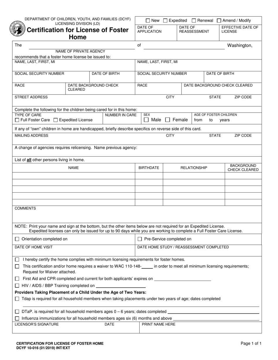DCYF Form 10-016 Certification for License of Foster Home - Washington, Page 1