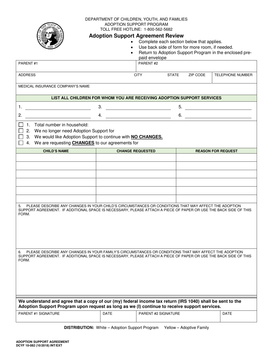 DCYF Form 10-082 Adoption Support Agreement Review - Washington, Page 1
