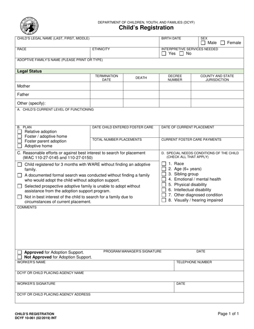 DCYF Form 10-061 Child's Registration - Washington
