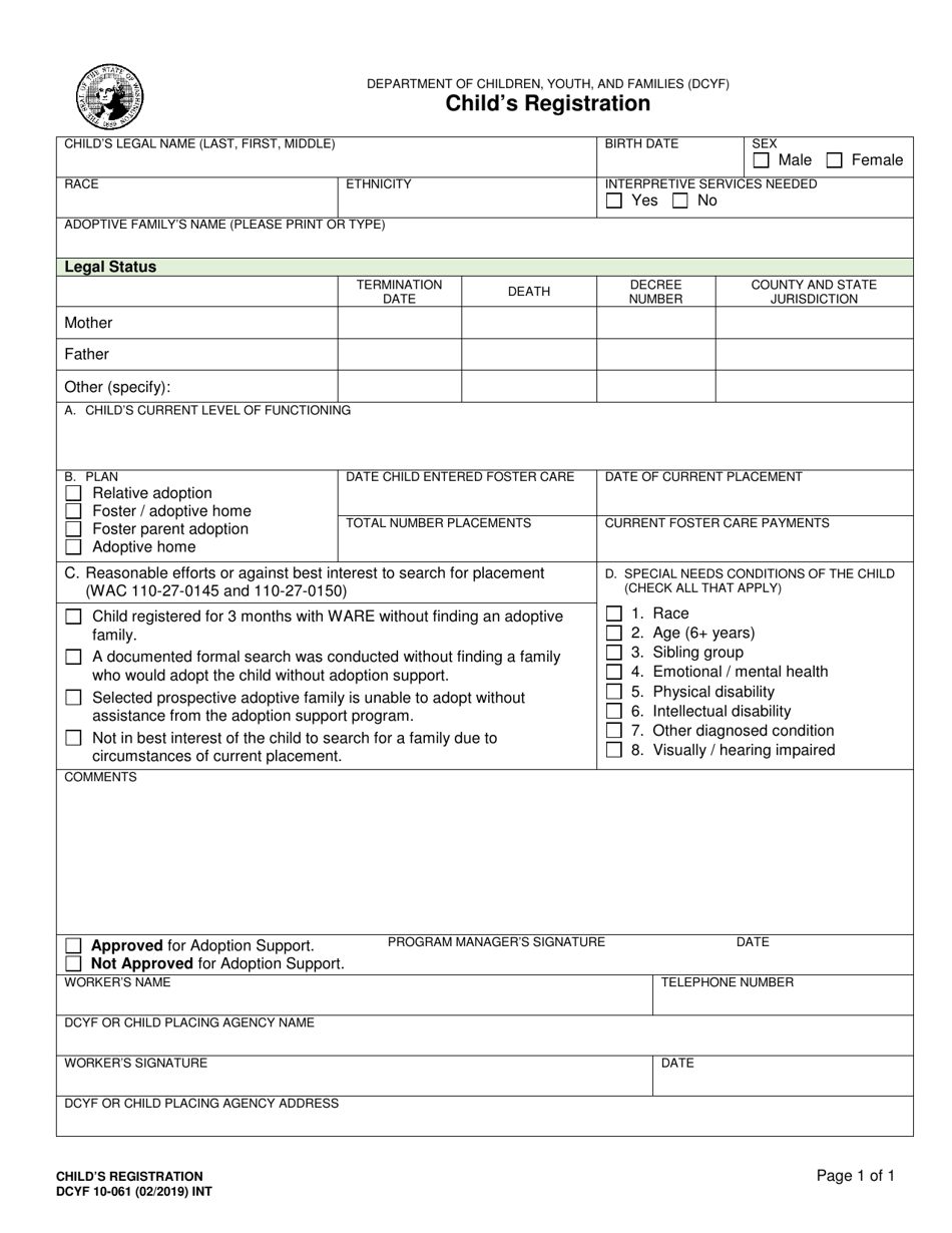 DCYF Form 10-061 Childs Registration - Washington, Page 1