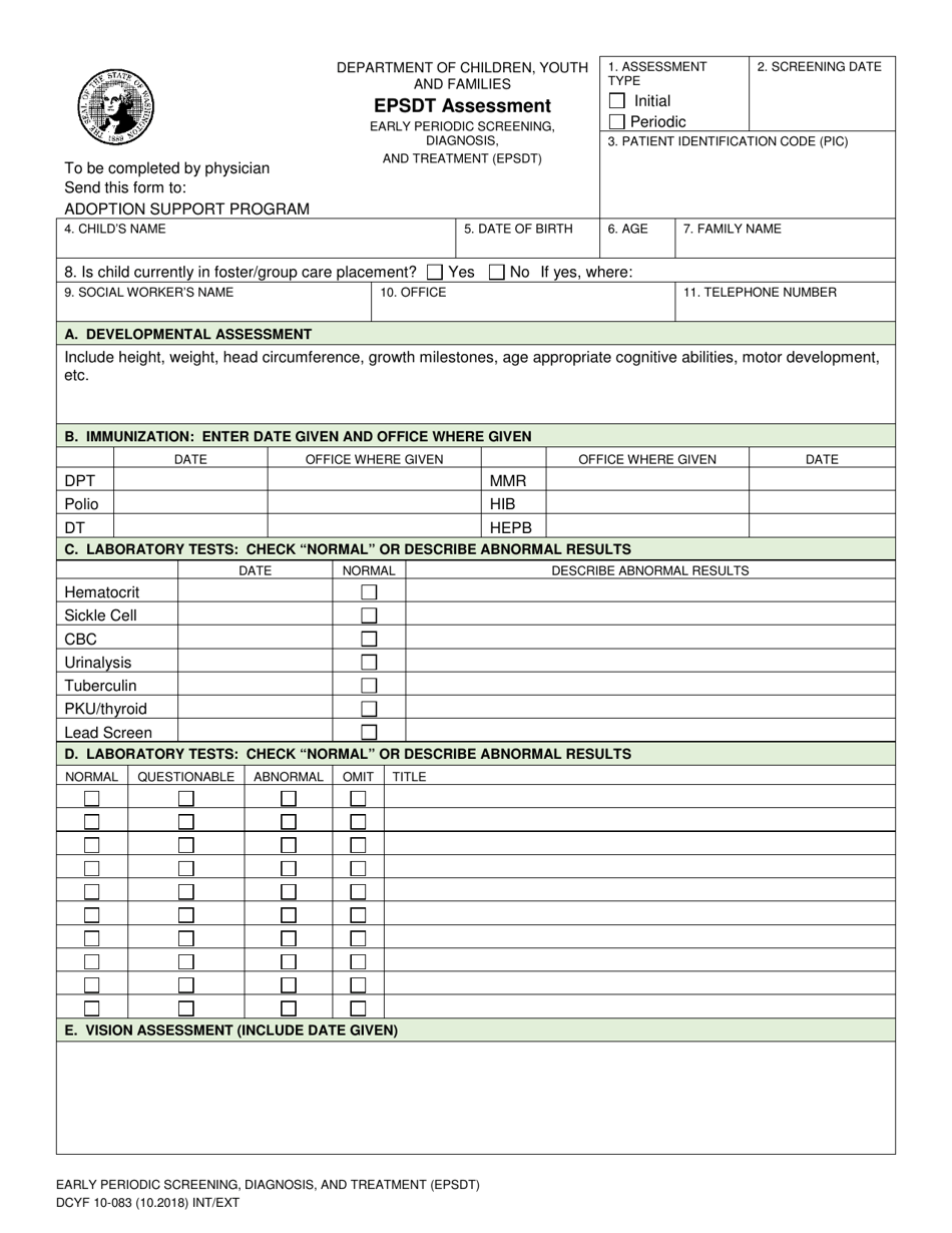 DCYF Form 10-083 Early Periodic Screening, Diagnosis, and Treatment (Epsdt) Assessment - Washington, Page 1
