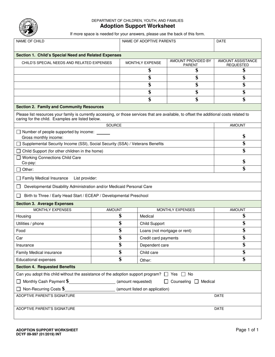 DCYF Form 09-997 Adoption Support Worksheet - Washington, Page 1