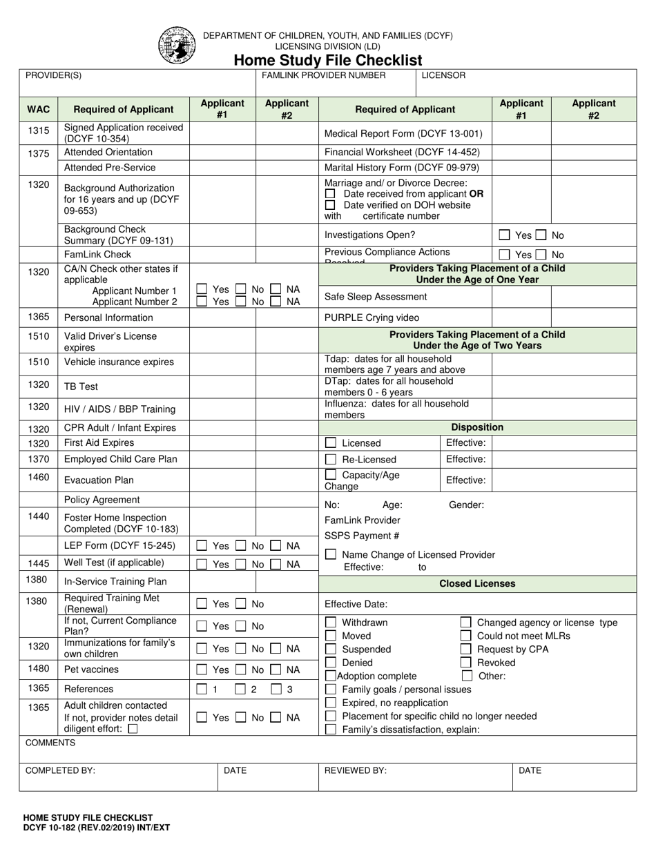 DCYF Form 10-182 Home Study File Checklist - Washington, Page 1