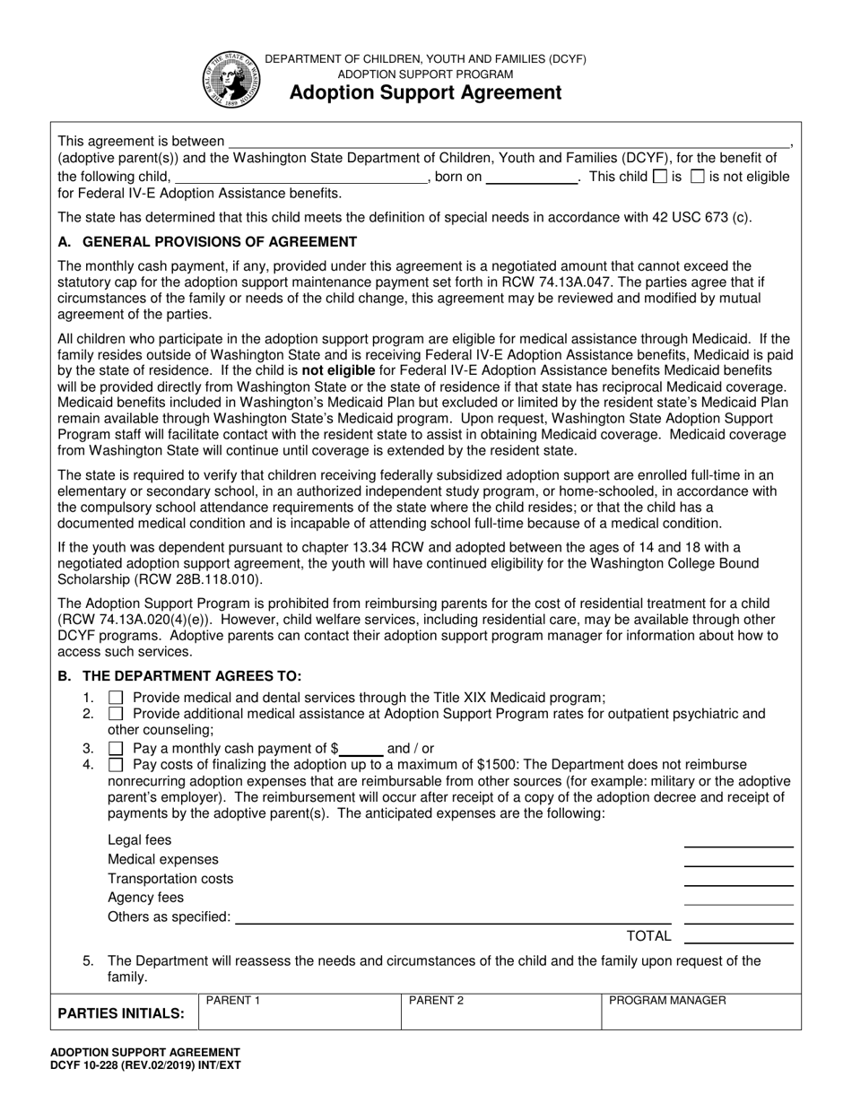 DCYF Form 10-228 Adoption Support Agreement - Washington, Page 1