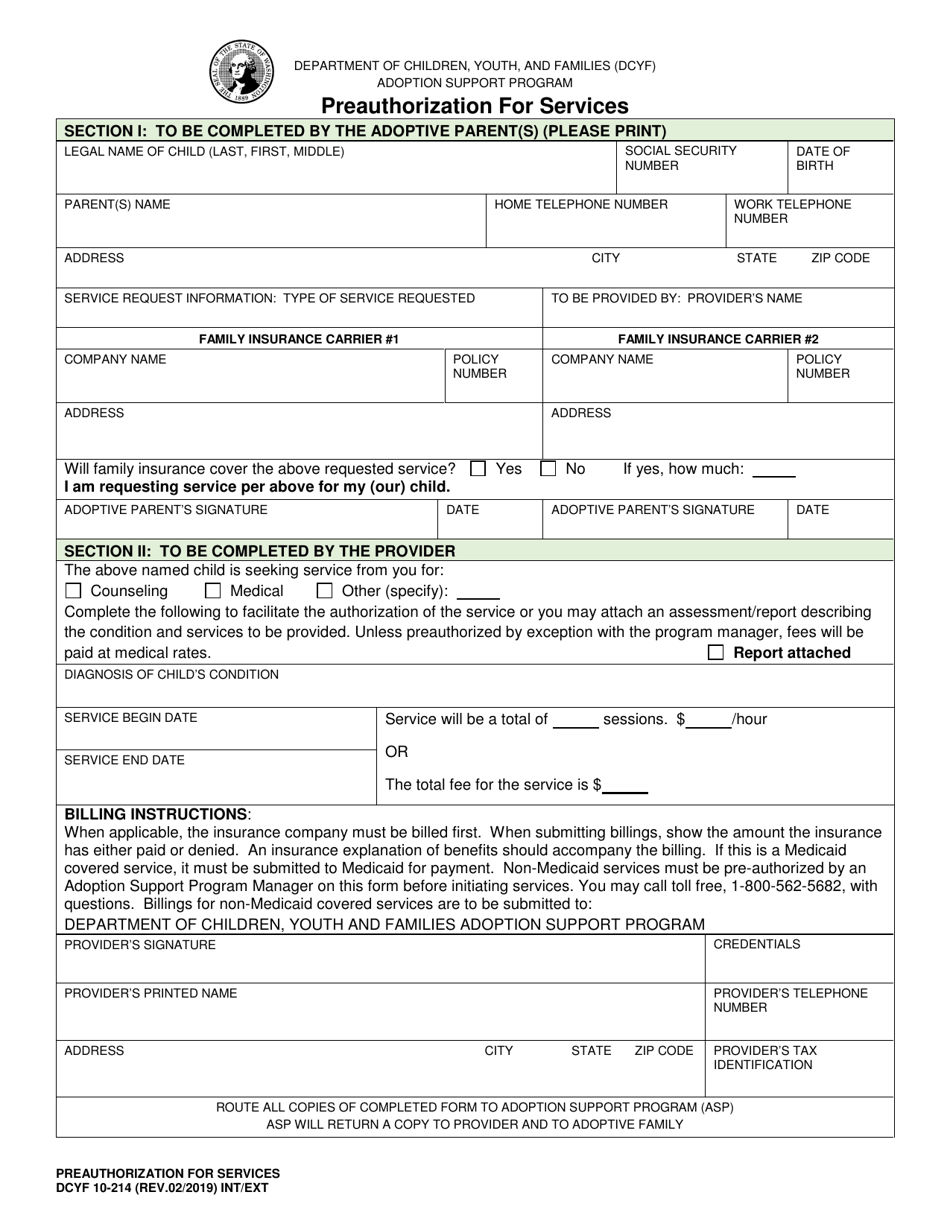 DCYF Form 10-214 Preauthorization for Services - Washington, Page 1