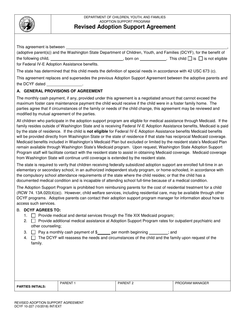 DCYF Form 10-227 Revised Adoption Support Agreement - Washington, Page 1