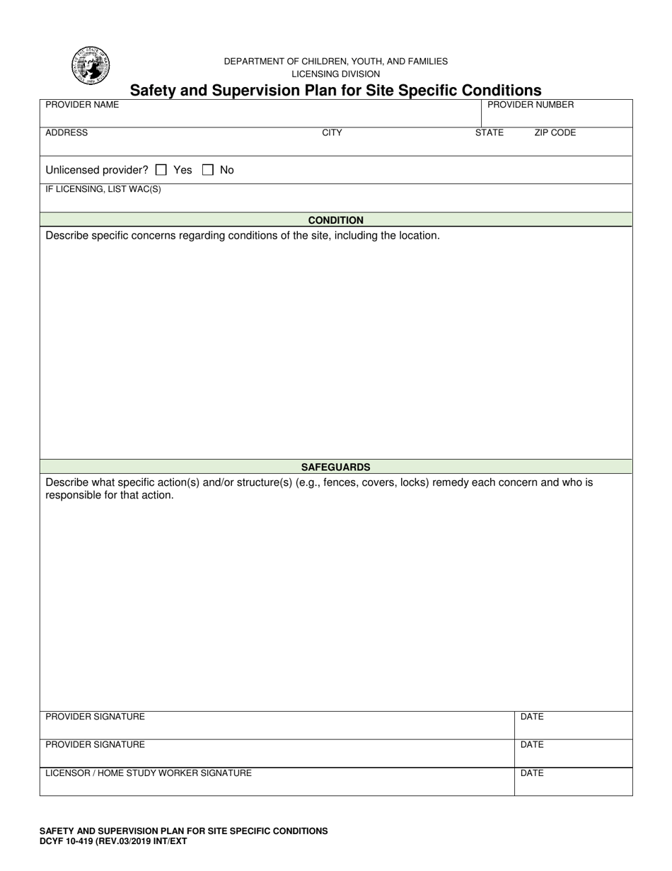 DCYF Form 10-419 Safety and Supervision Plan for Site Specific Conditions - Washington, Page 1