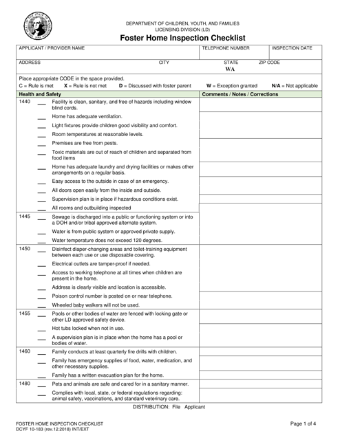 DCYF Form 10-183 Foster Home Inspection Checklist - Washington