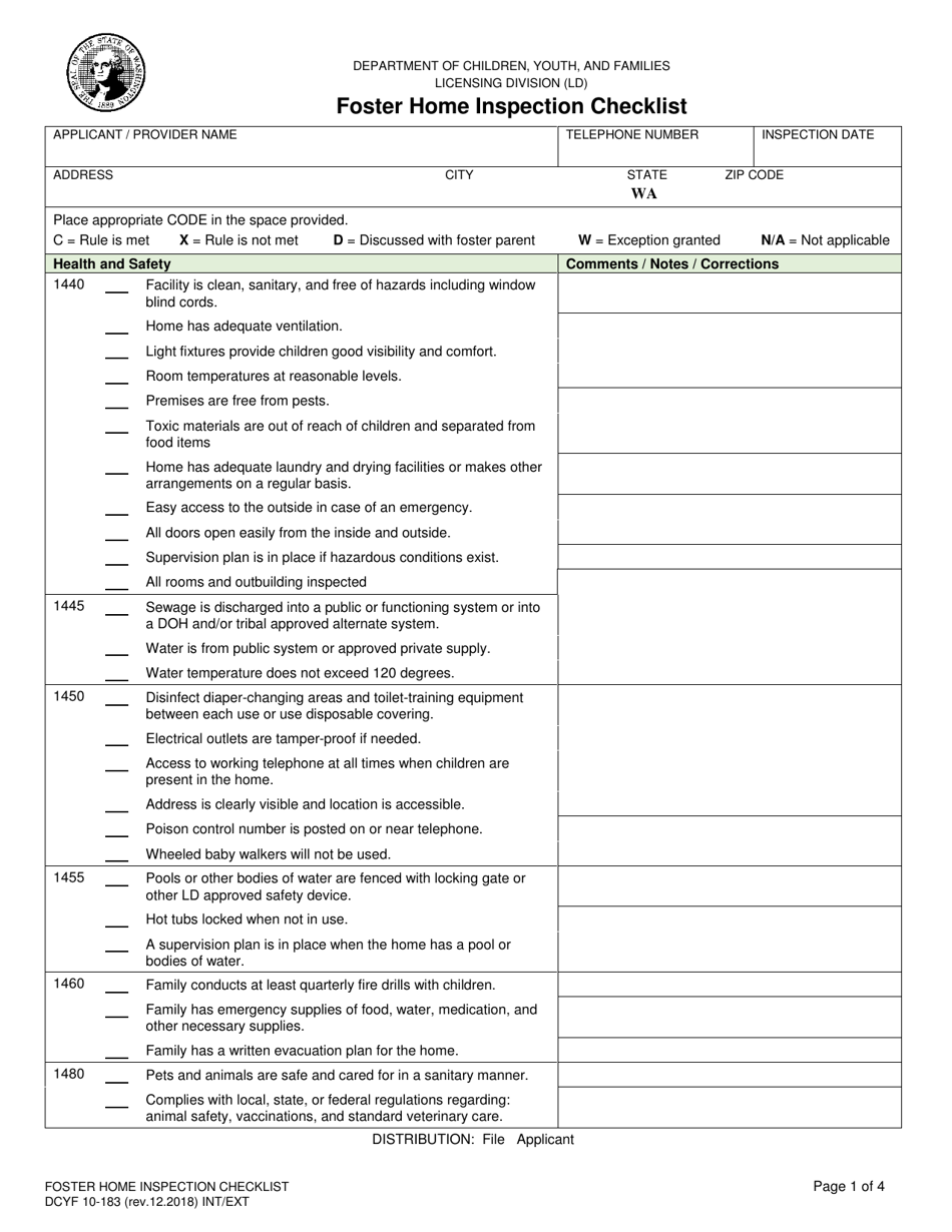 DCYF Form 10-183 Foster Home Inspection Checklist - Washington, Page 1
