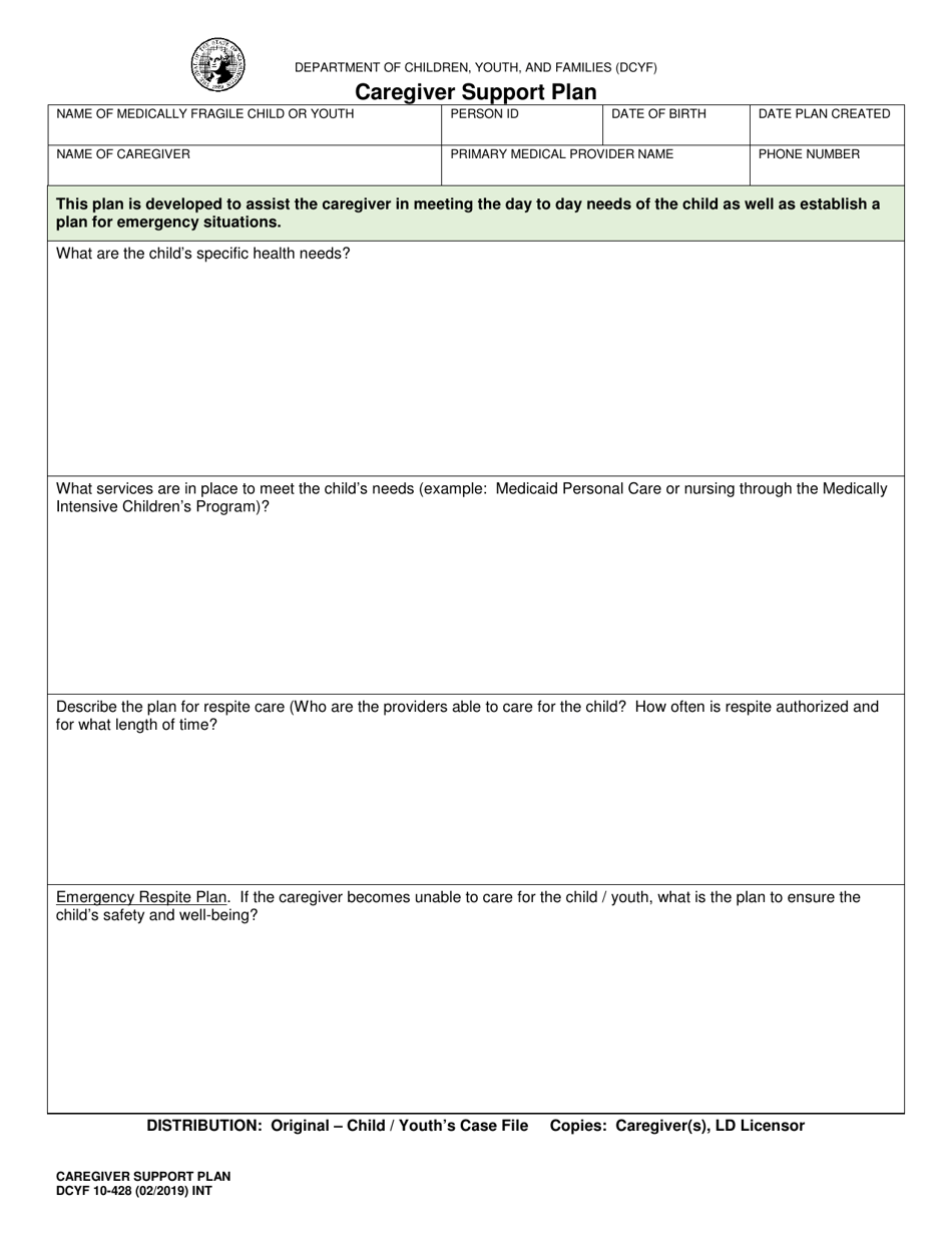 DCYF Form 10-428 Caregiver Support Plan - Washington, Page 1