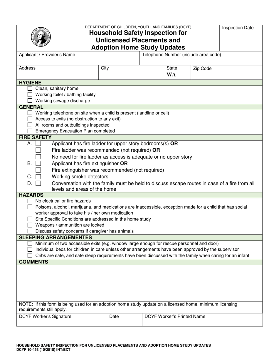 DCYF Form 10-453 Household Safety Inspection for Unlicensed Placements and Adoption Home Study Updates - Washington, Page 1