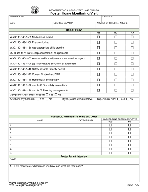 DCYF Form 10-416  Printable Pdf