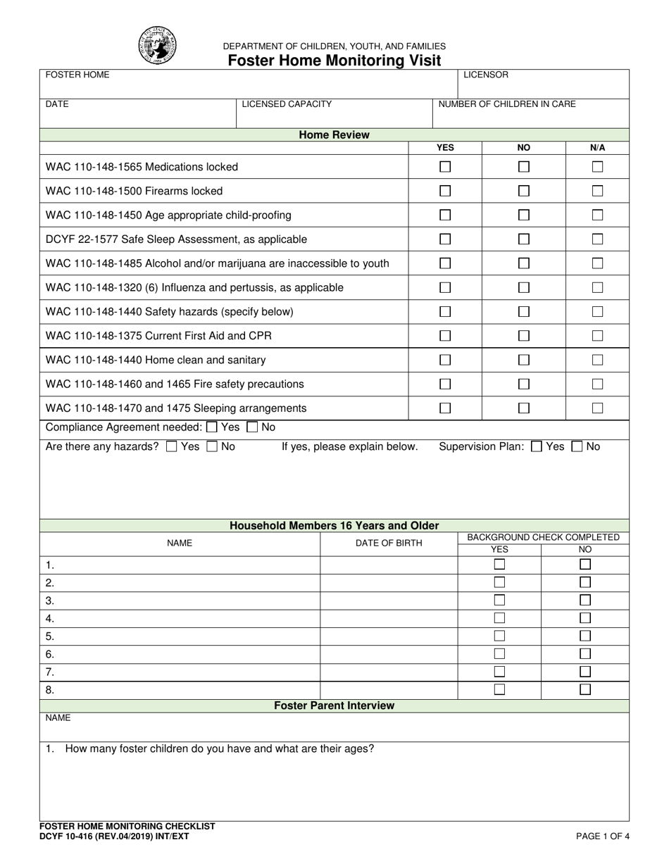 DCYF Form 10-416 Download Fillable PDF or Fill Online Foster Home ...