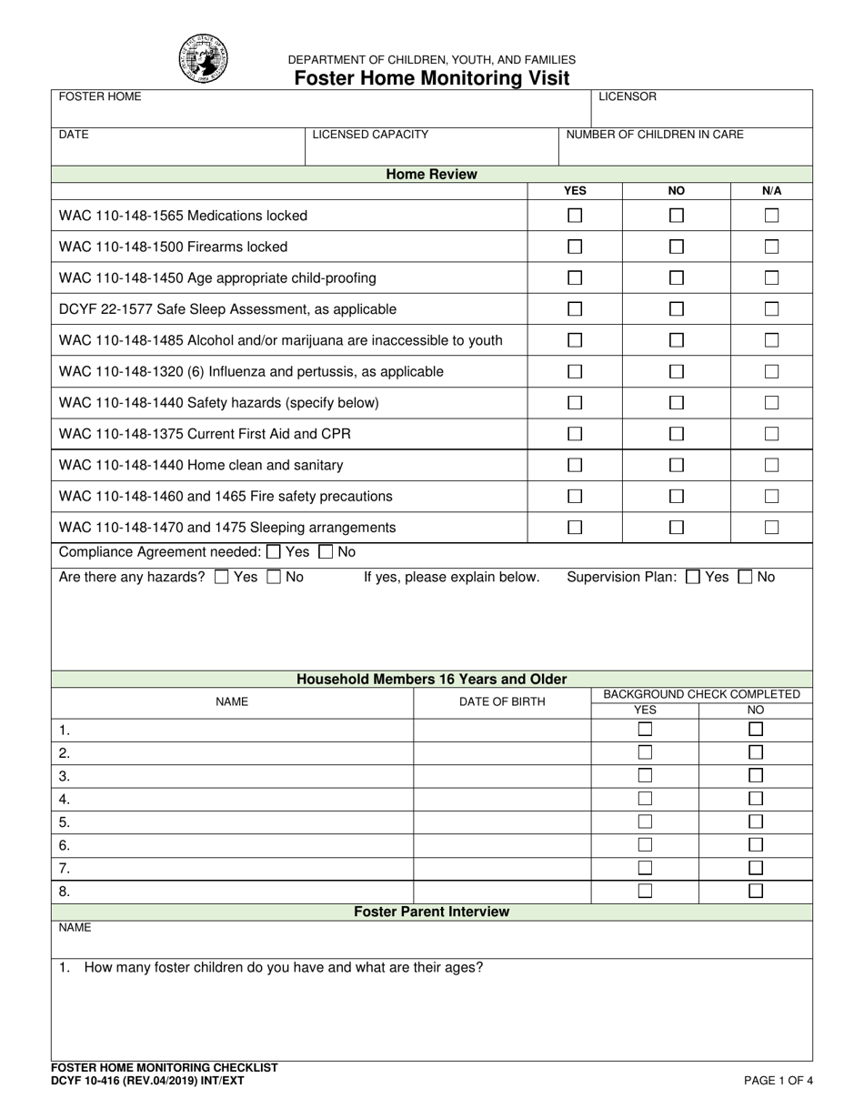 DCYF Form 10-416 Foster Home Monitoring Visit - Washington, Page 1
