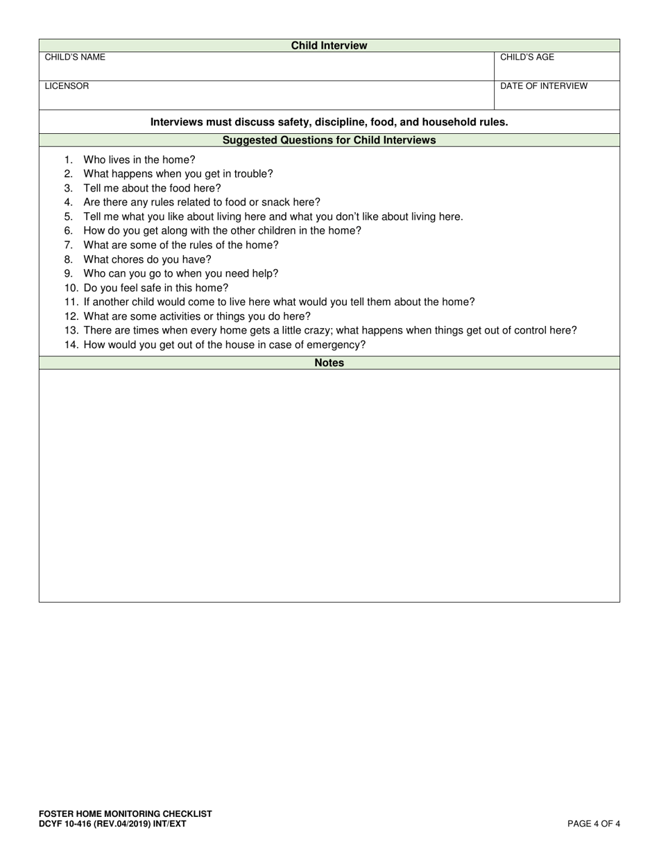 DCYF Form 10-416 Foster Home Monitoring Visit - Washington, Page 4