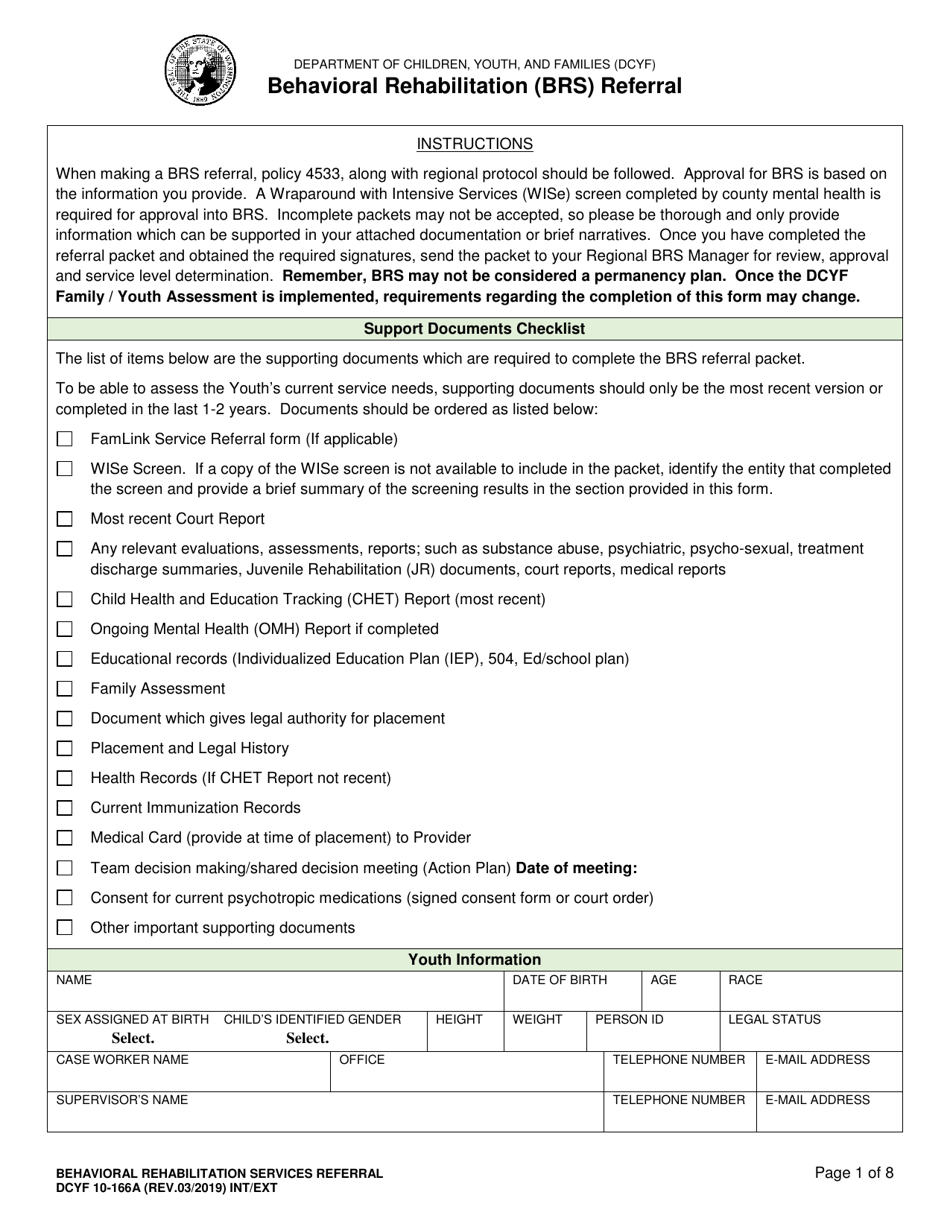 DCYF Form 10-166A Behavioral Rehabilitation (Brs) Referral - Washington, Page 1