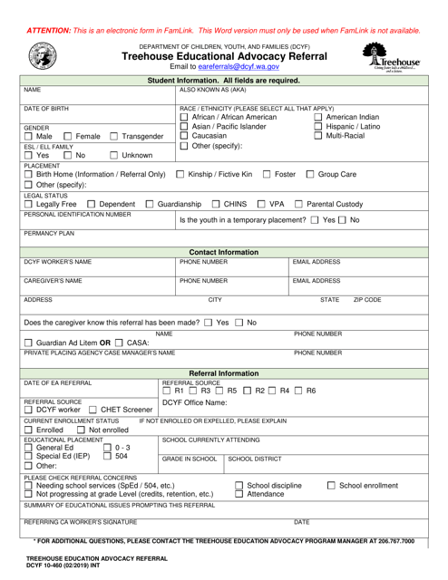 DCYF Form 10-460  Printable Pdf