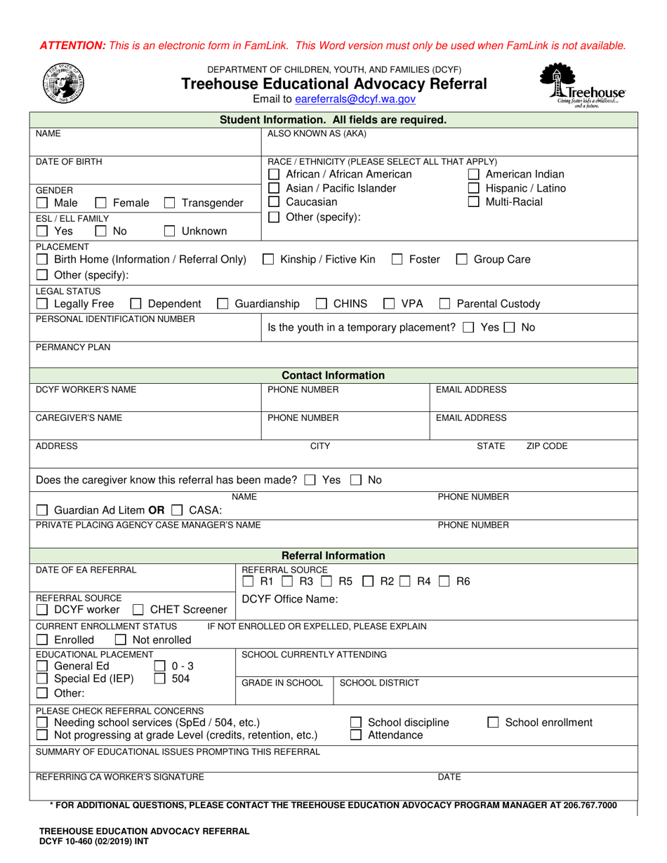 DCYF Form 10460 Fill Out, Sign Online and Download Fillable PDF