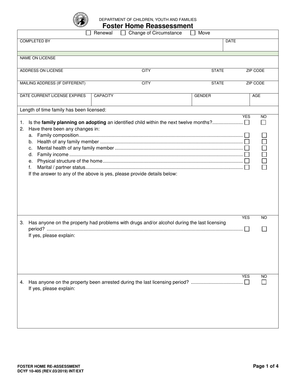 DCYF Form 10-405 Foster Home Reassessment - Washington, Page 1
