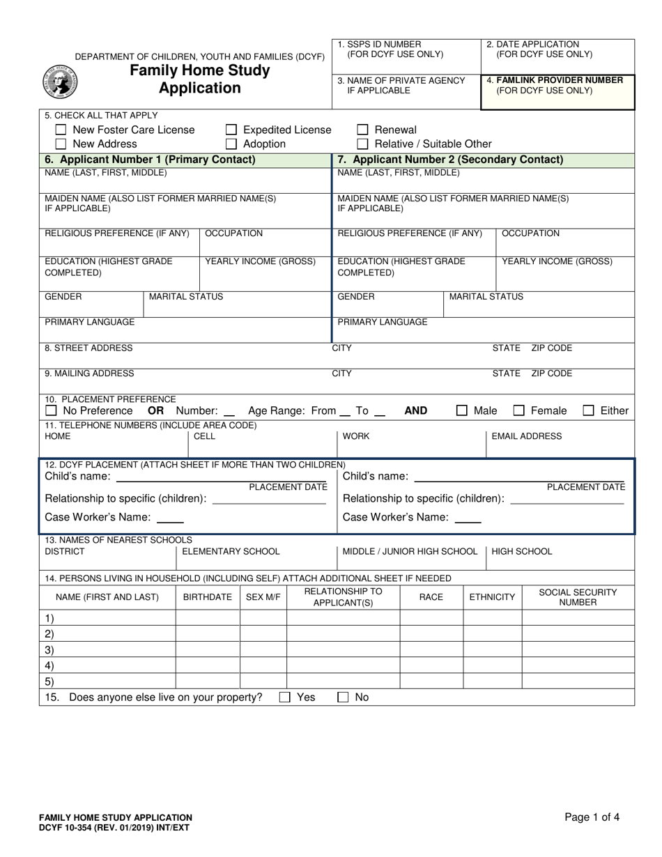 DCYF Form 10-354 Family Home Study Application - Washington, Page 1