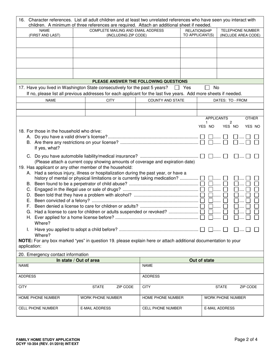 DCYF Form 10-354 Family Home Study Application - Washington, Page 2