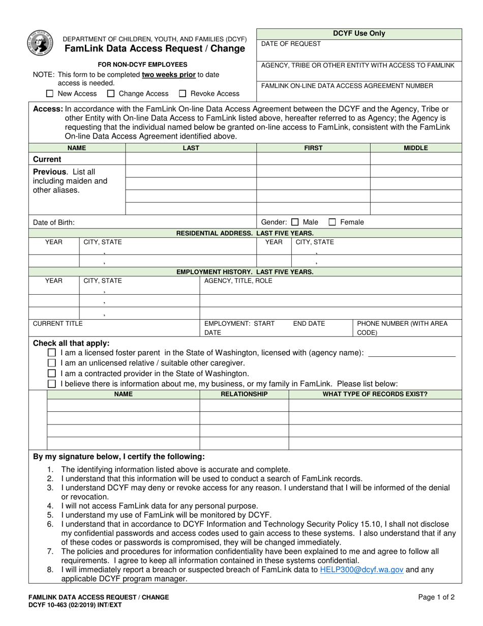 DCYF Form 10-463 Famlink Data Access Request / Change - Washington, Page 1