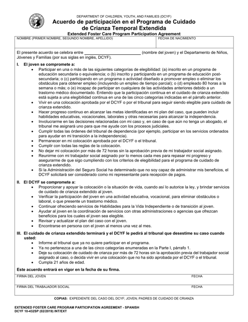 DCYF Formulario 10-432SP Acuerdo De Participacion En El Programa De Cuidado De Crianza Temporal Extendida - Washington (Spanish)