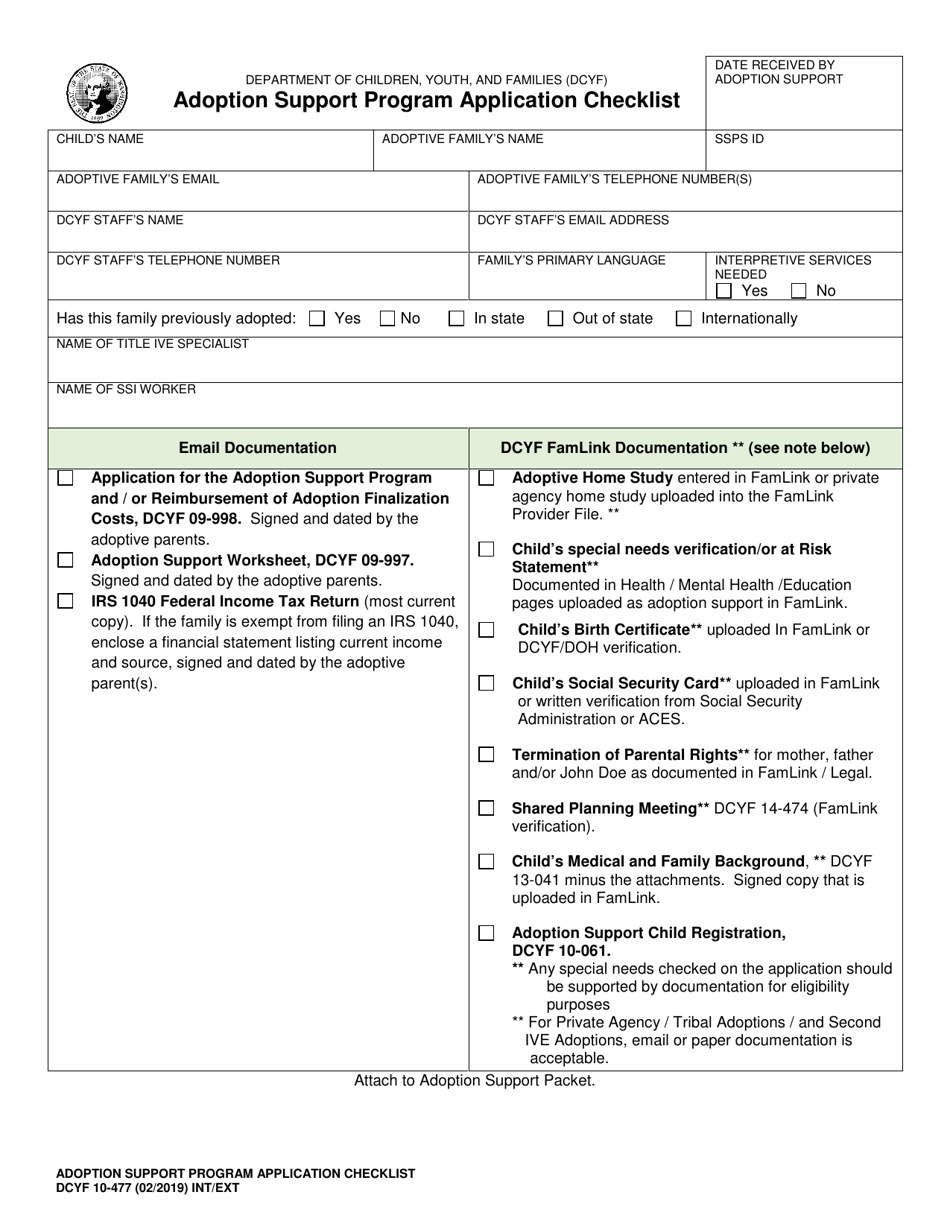 DCYF Form 10-477 Adoption Support Program Application Checklist - Washington, Page 1