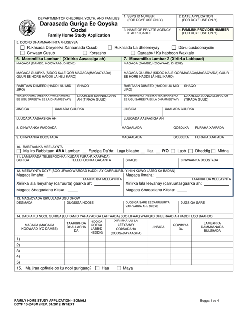 DCYF Form 10-354 Family Home Study Application - Washington (Somali)
